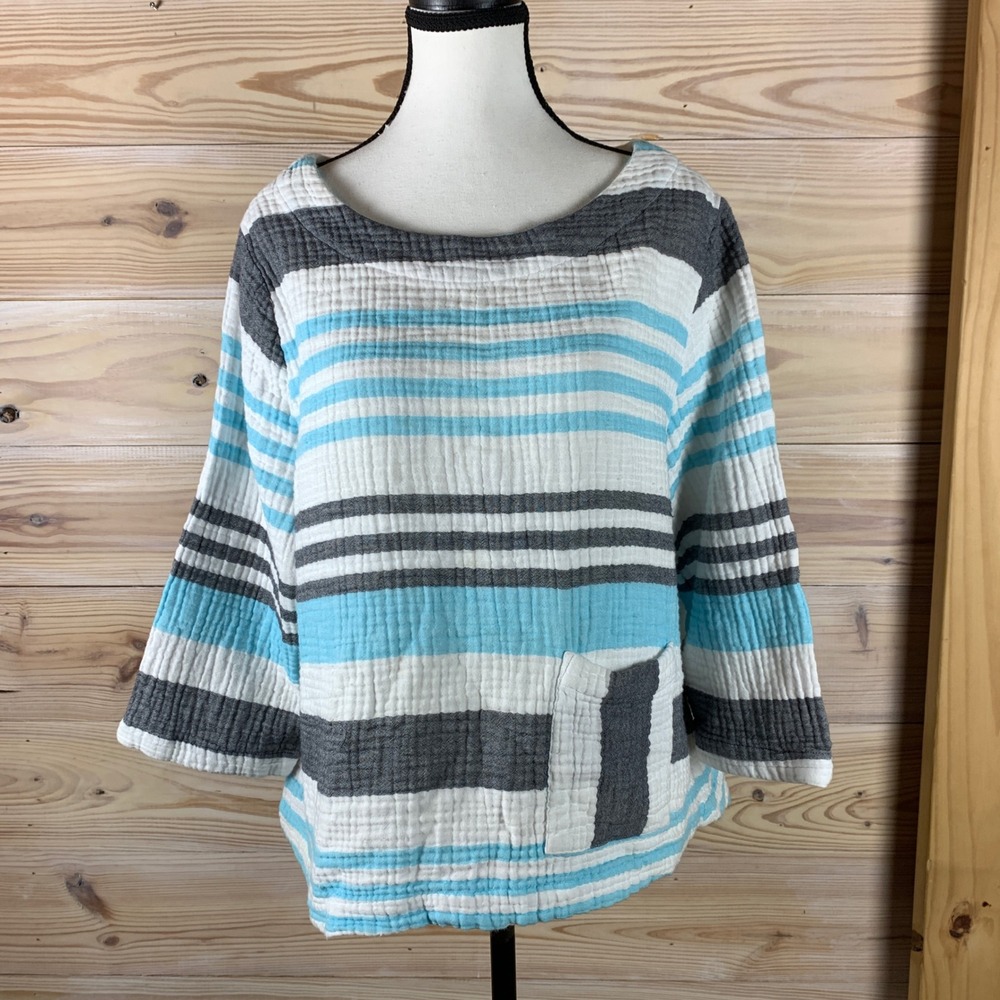 Habitat Top Women L Blue Striped Double Gauze Cotton 3/4 Sleeve Pocket Coastal